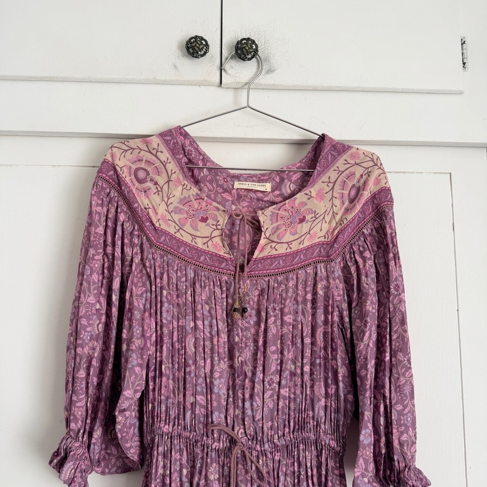 Spell Mauve Purple Bohemian Maxi Dress with Cream Trim - Picture 2 of 8